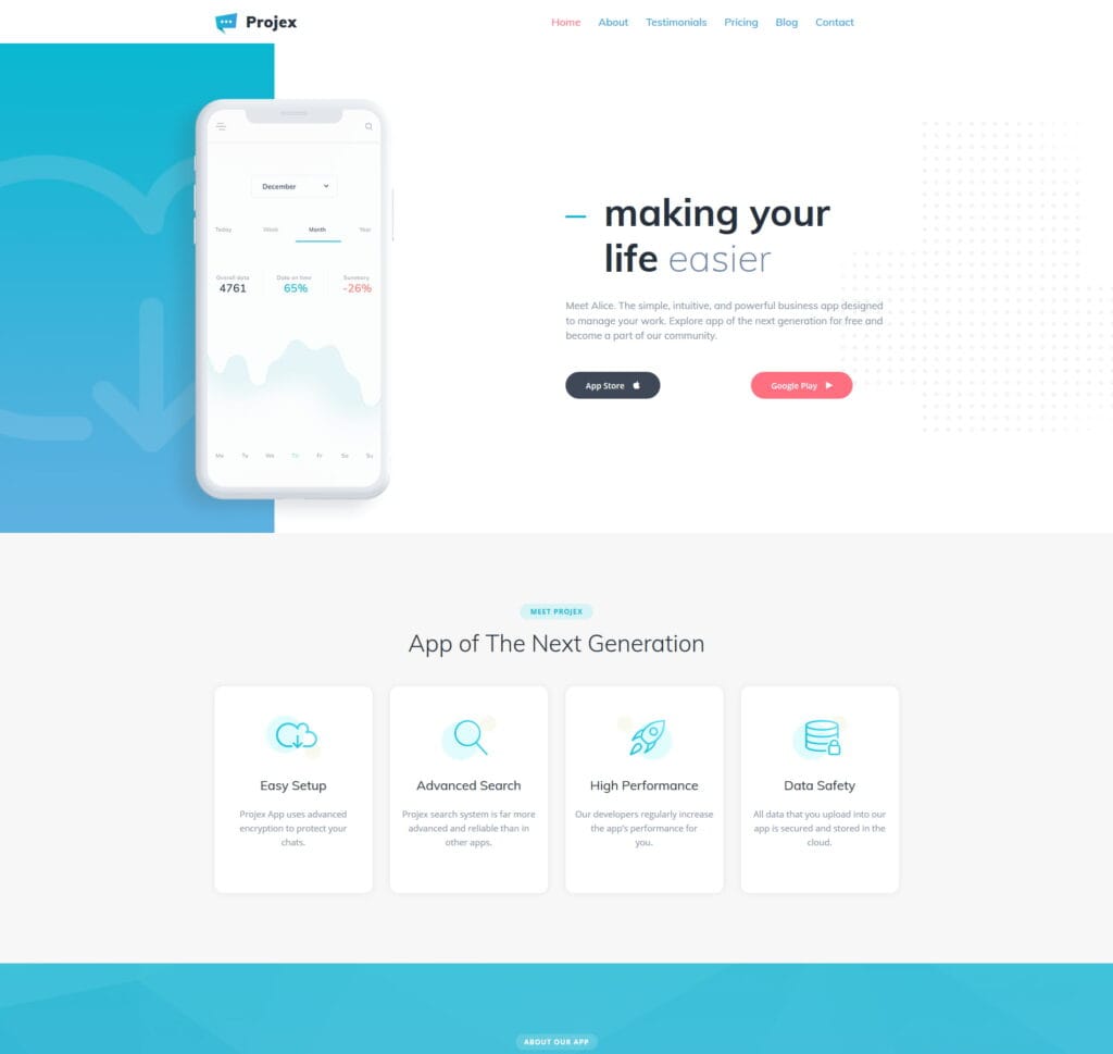 Mobile app template for showcasing app features, downloads, and user testimonials