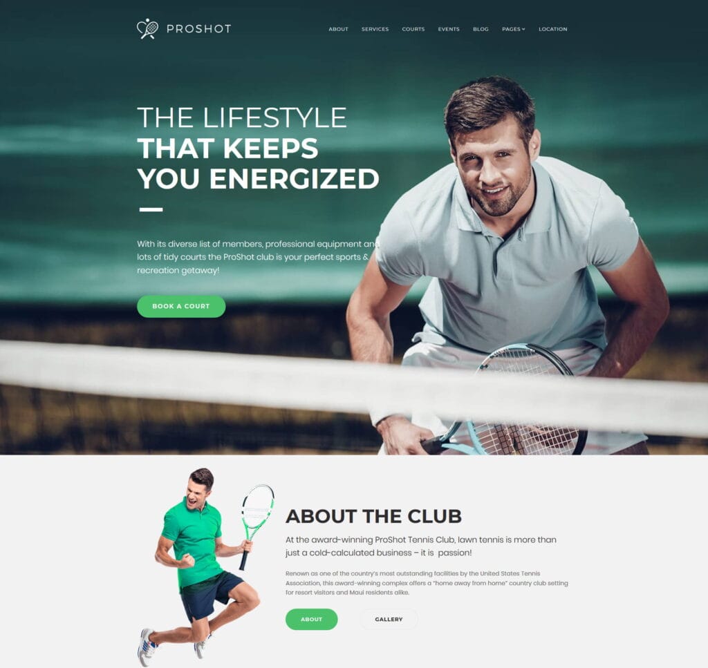 Tennis club template for memberships, court bookings, tournaments, and event information