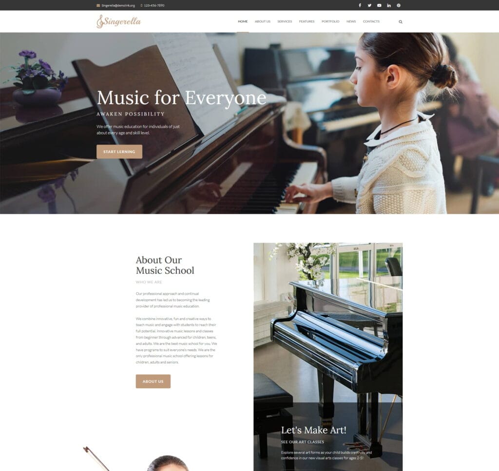 Music school template for classes, instrument lessons, and programs