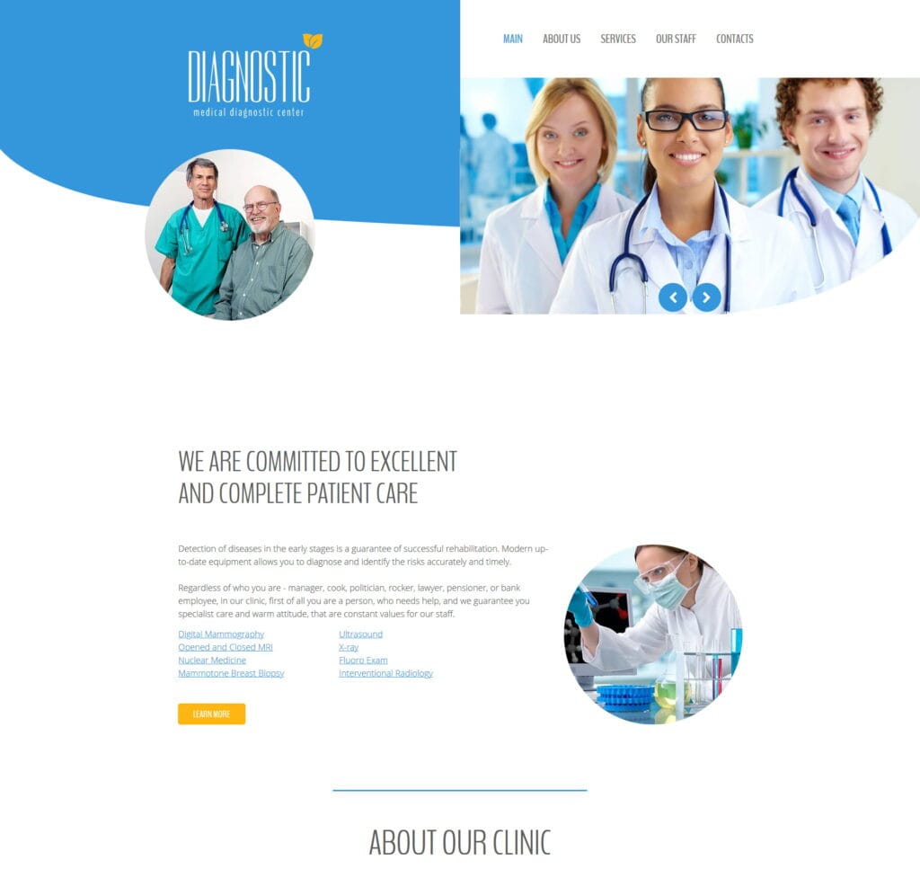 Diagnostic center website template for health screenings, labs, and medical tests