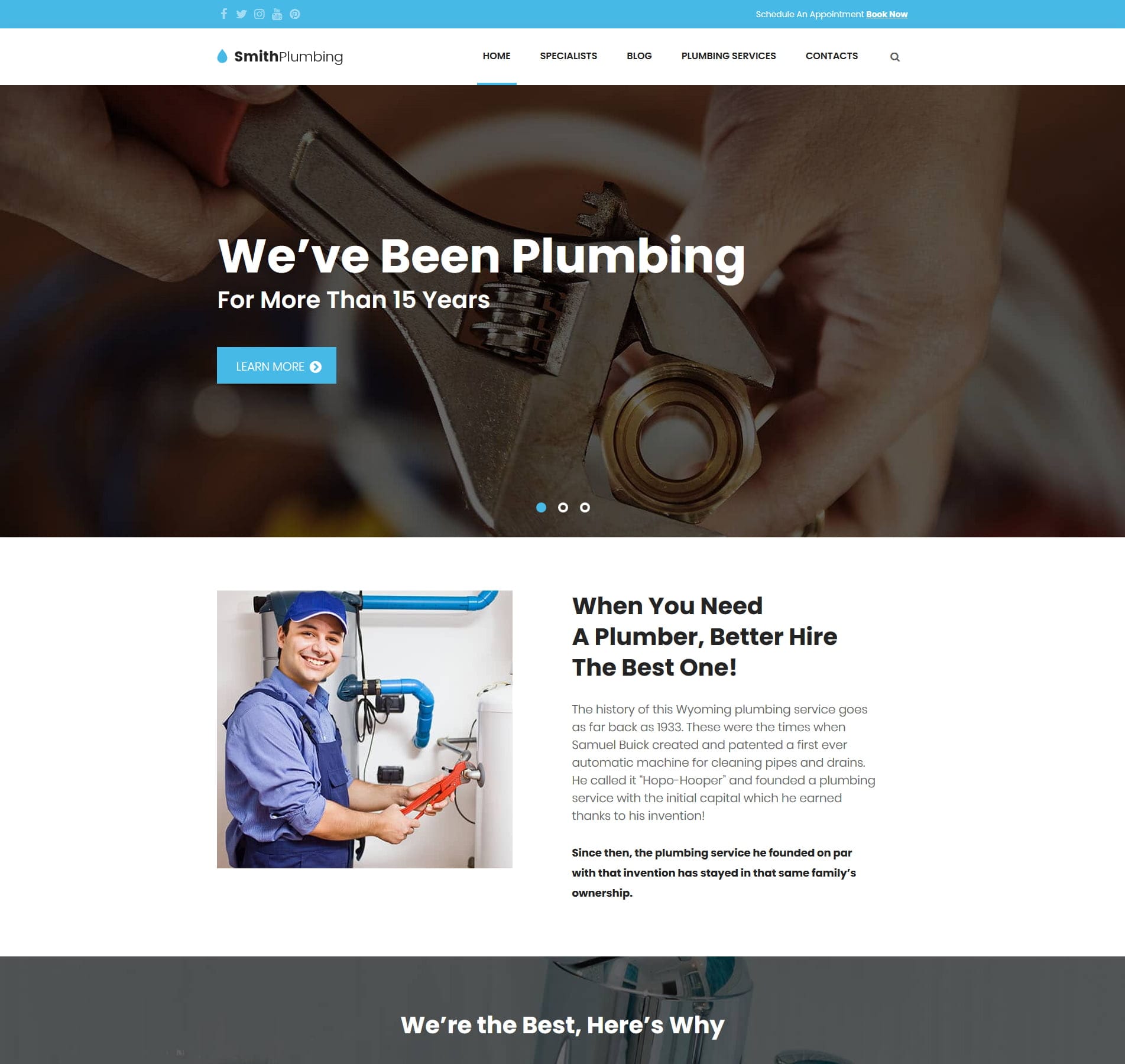 Plumbing company template for residential and commercial plumbing, services, and contact information