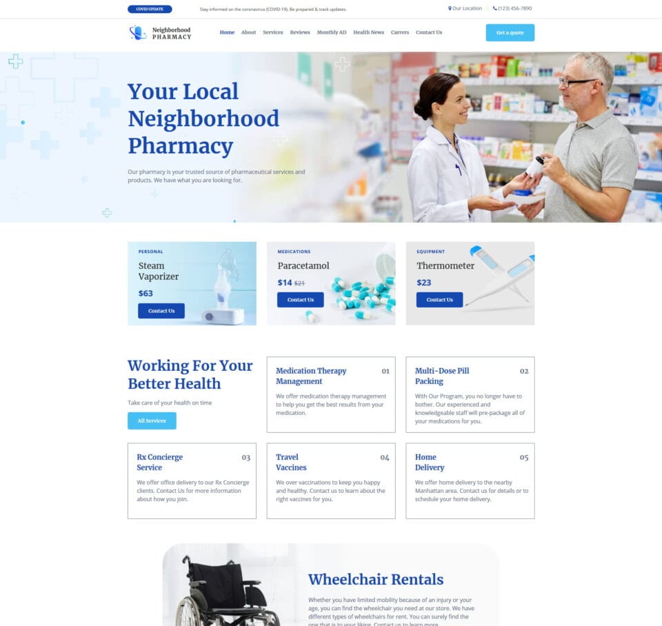Pharmacy website template for online prescriptions, pharmacy services, and health information