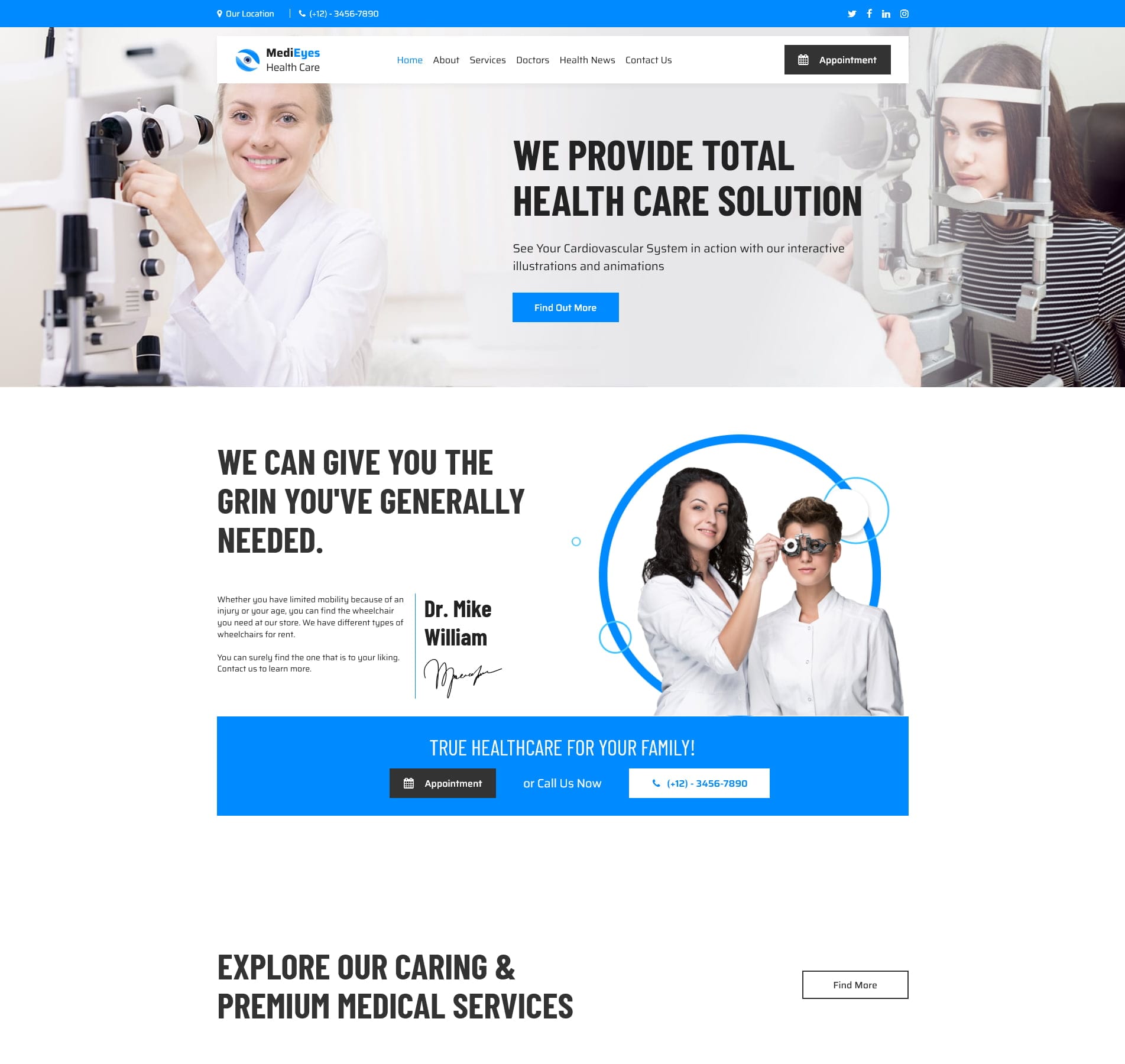 Optometrist template for eye care, services, and appointment scheduling