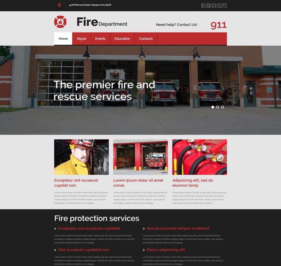 Fire department template for emergency services, safety resources, and local stations