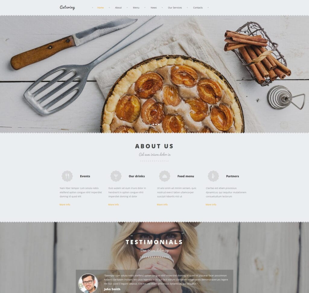Catering food website template for events, menu selections, and food services