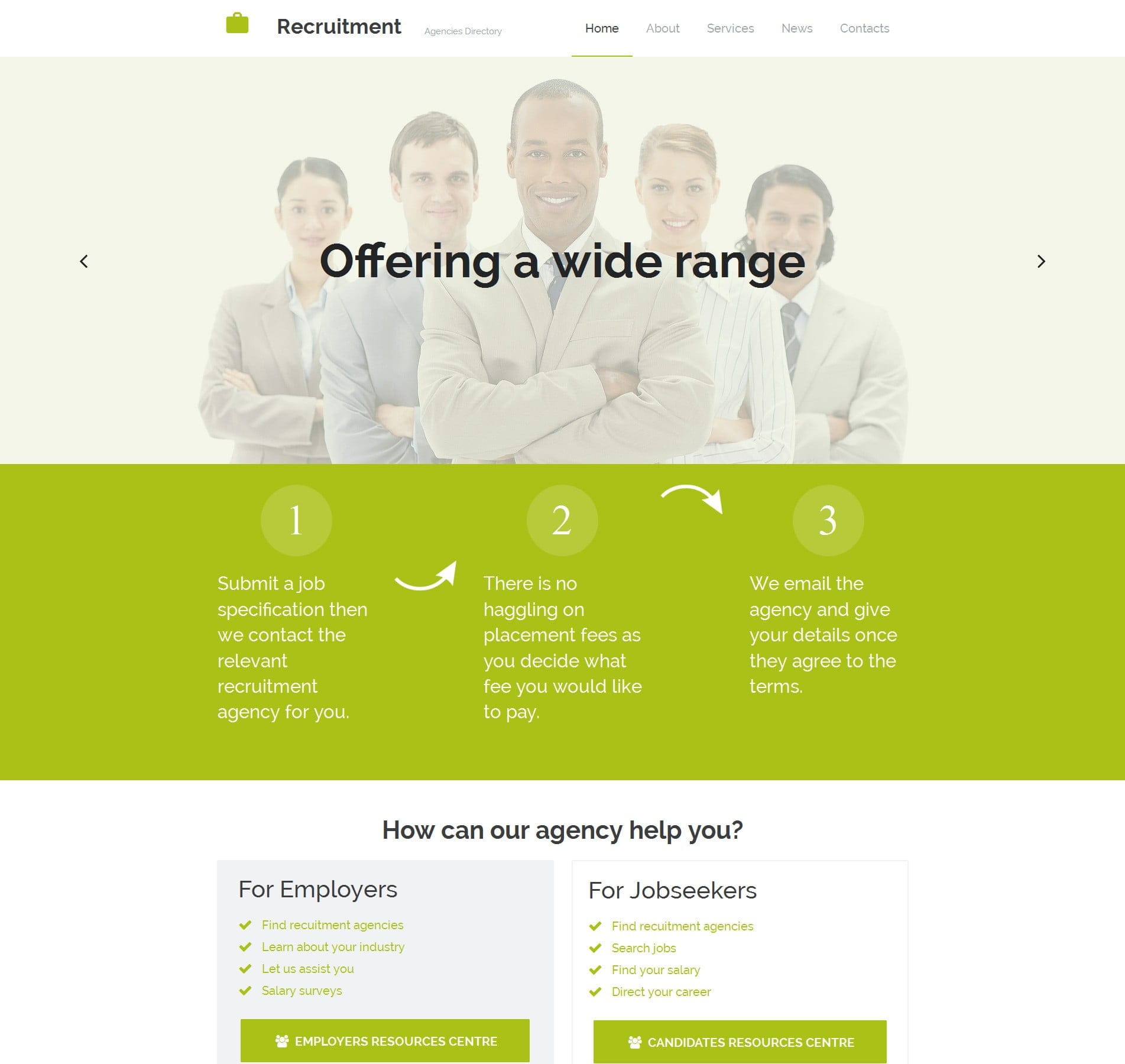 Recruitment agency template for job listings, candidate search, and staffing services