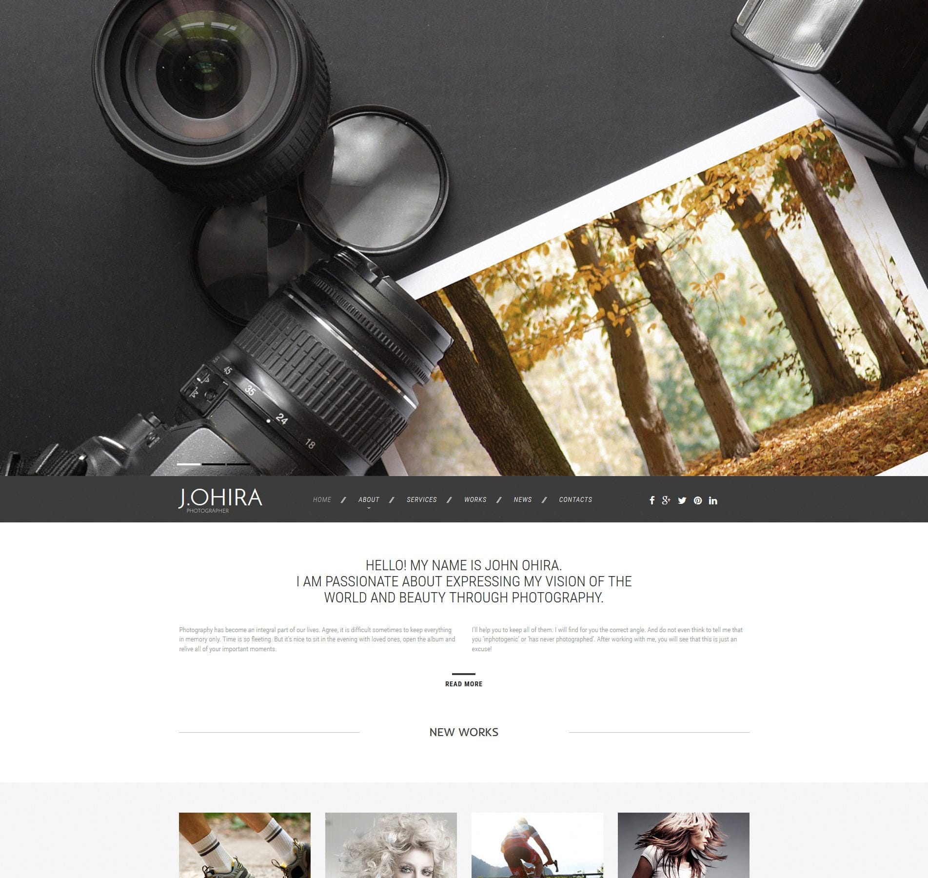 Complete photographer website template for showcasing portfolios, services, client testimonials, and booking options