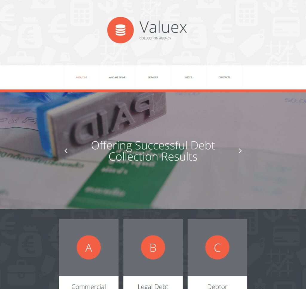 Debt collection website template for recovery services, financial consulting, and support