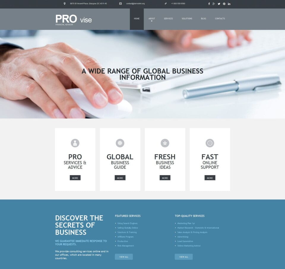 Business advisors website template for consulting, financial advice, and services