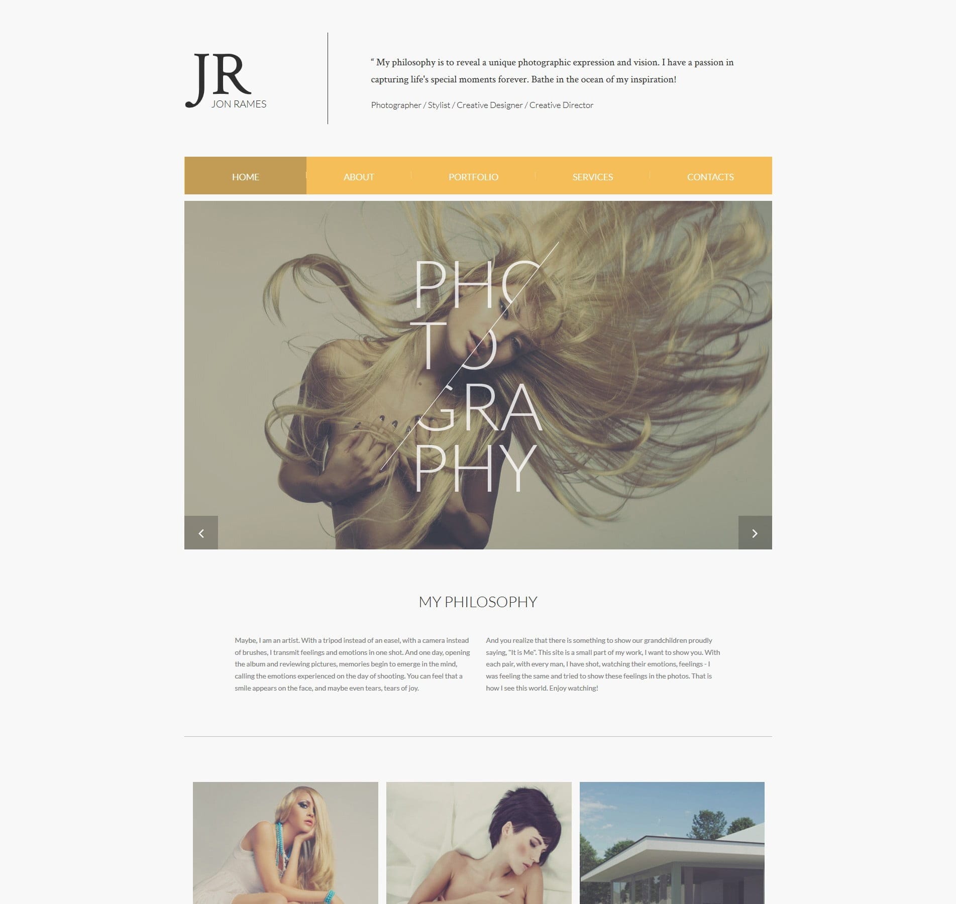 Photographer web design template for photo portfolios, client galleries, and booking options
