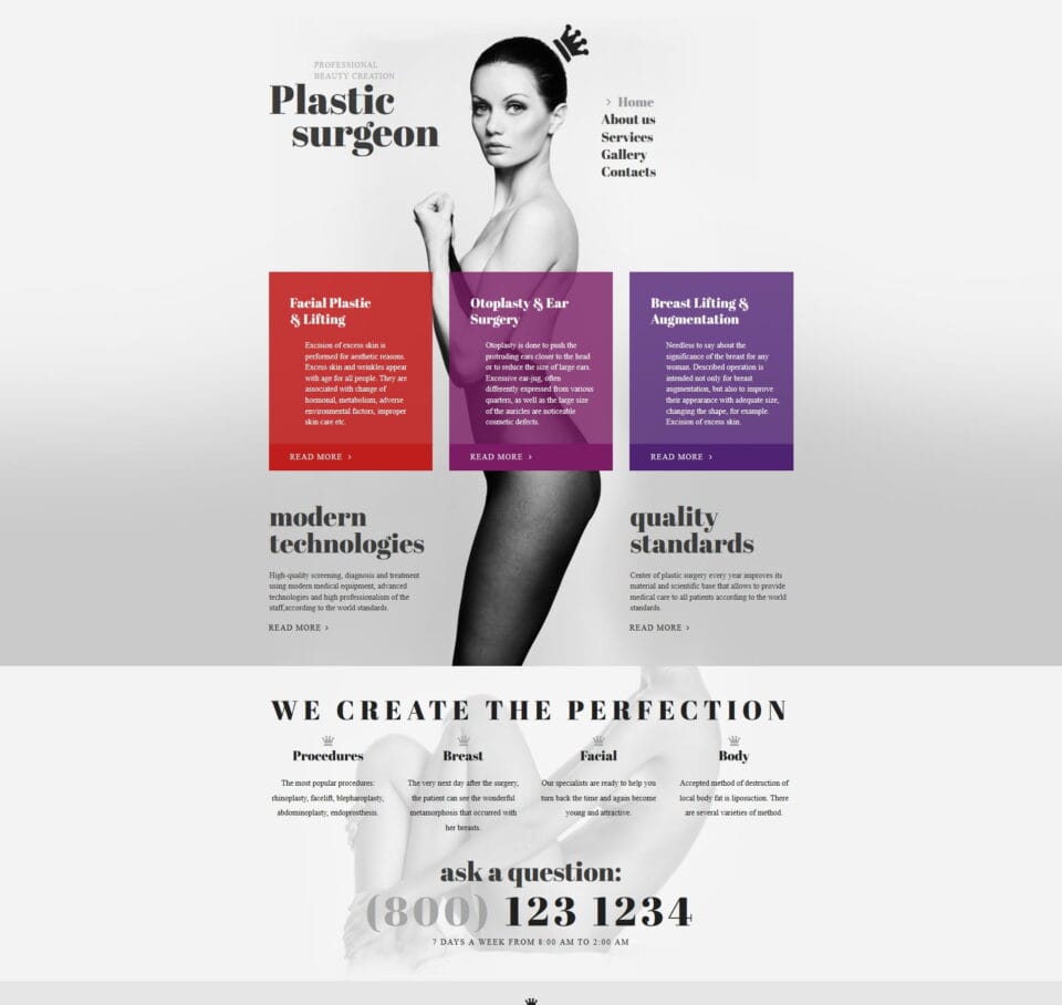 Plastic surgeon template for clinics offering aesthetic services, patient resources, and appointments