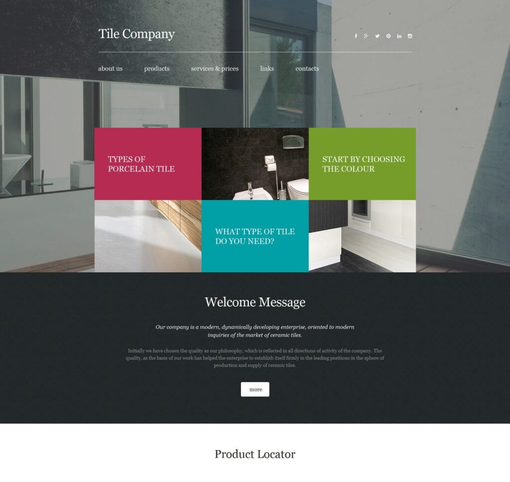 Tile website template for flooring products, tile collections, and installation services