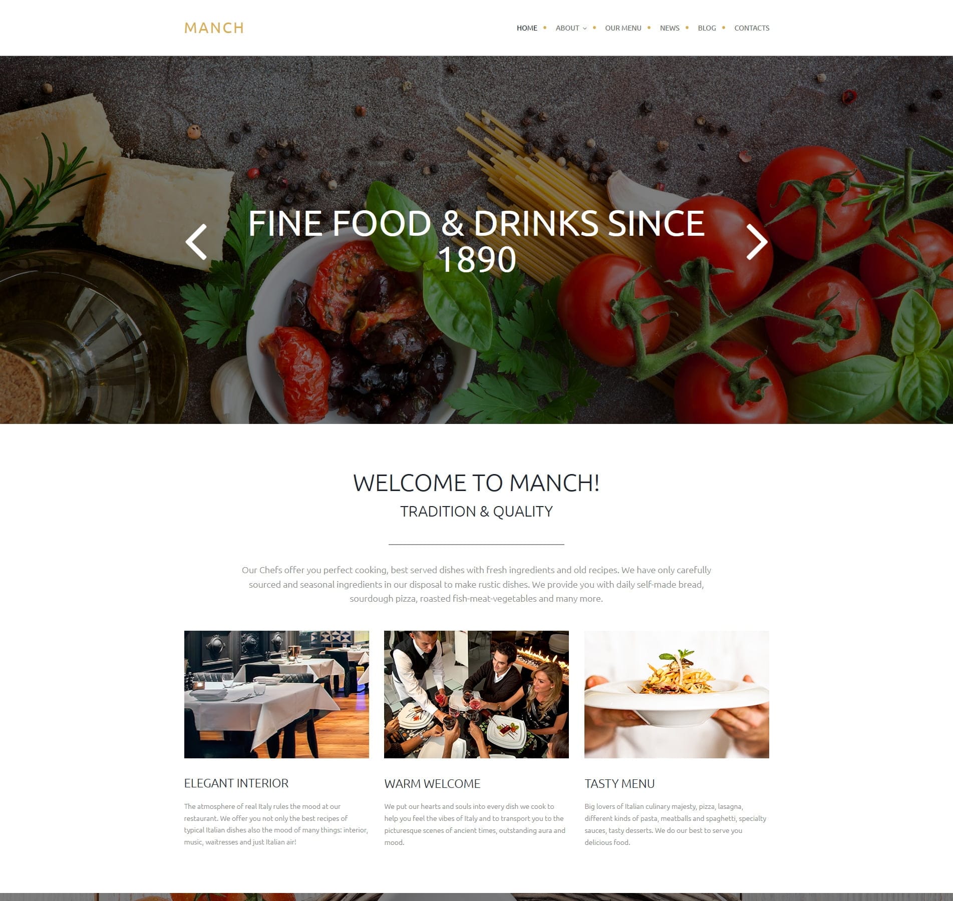 Restaurant template for menus, reservations, online ordering, and dining experience