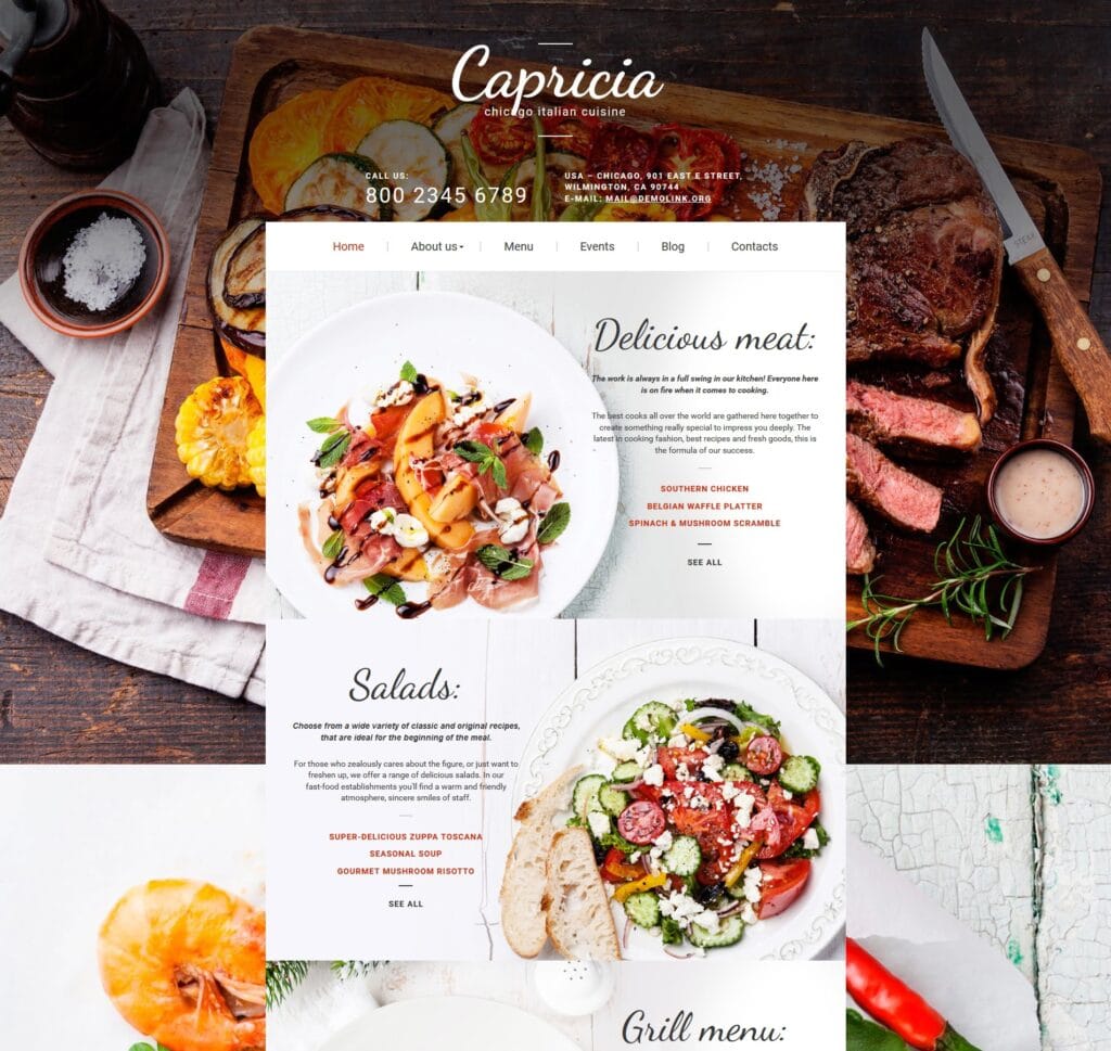 Restaurant web design template for showcasing menu items, events, and dining experience