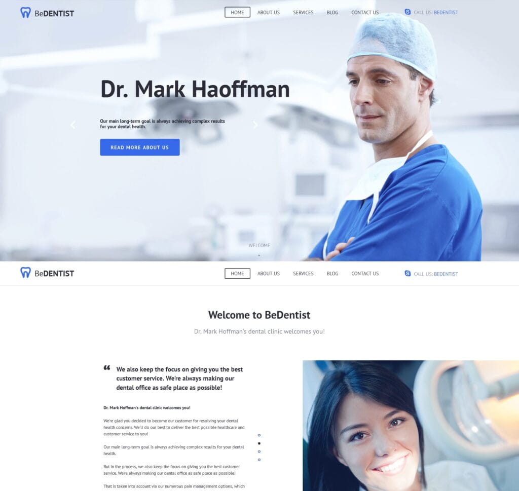 Dentist website template for dental services, treatments, and practice information