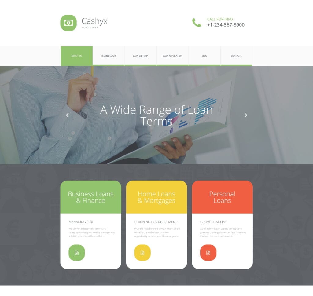 Business loan website template for financial services, loans, and funding options