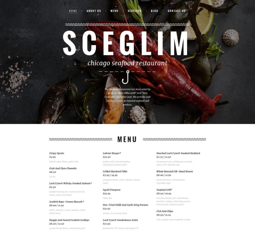 Seafood restaurant template for menus, reservations, and seafood specialties