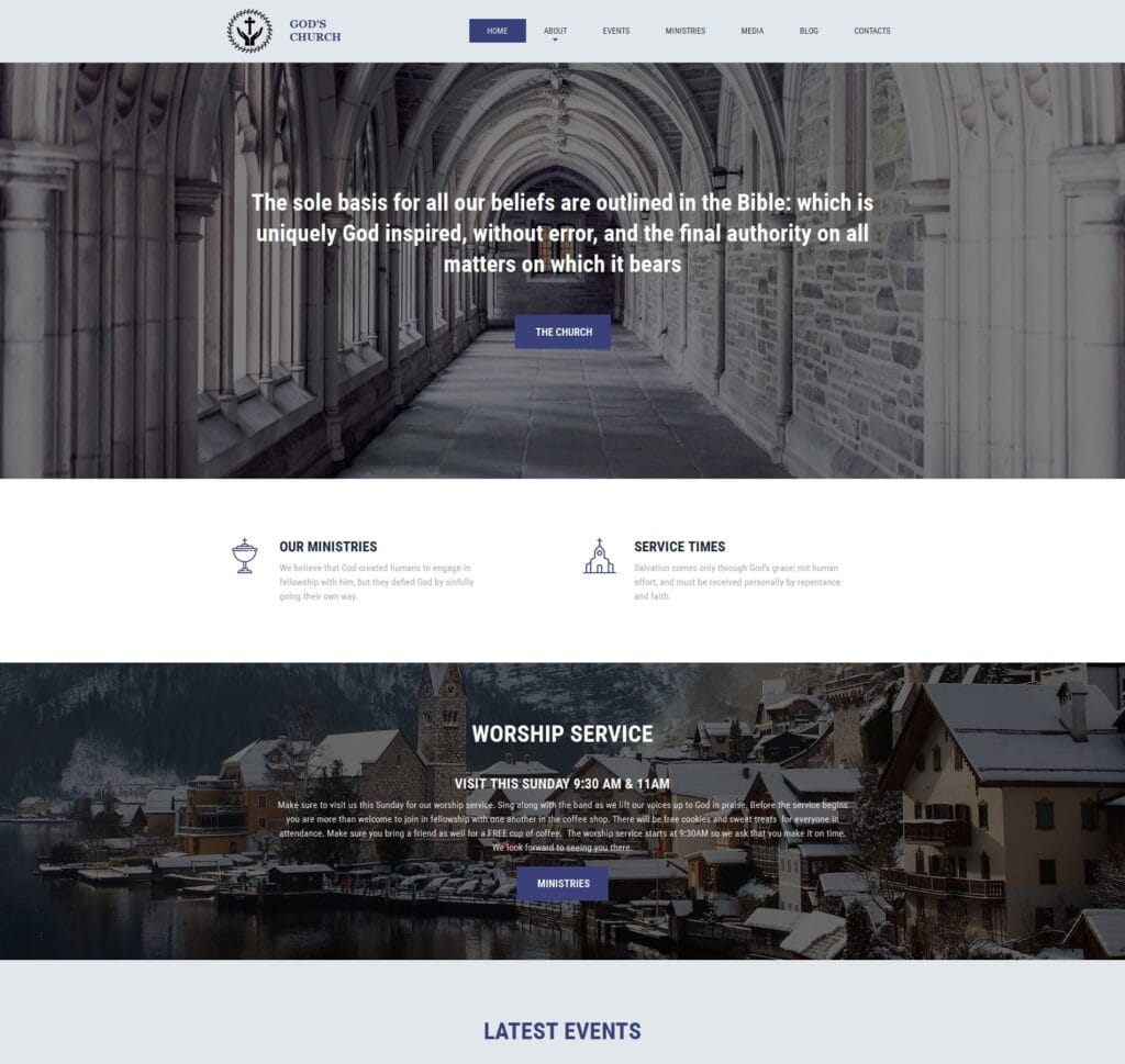 Church website template for religious services, events, and community outreach