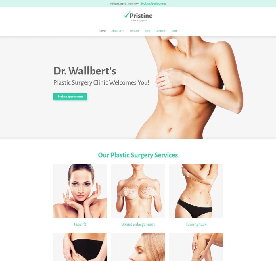 Plastic surgery website template for cosmetic procedures, patient testimonials, and booking options