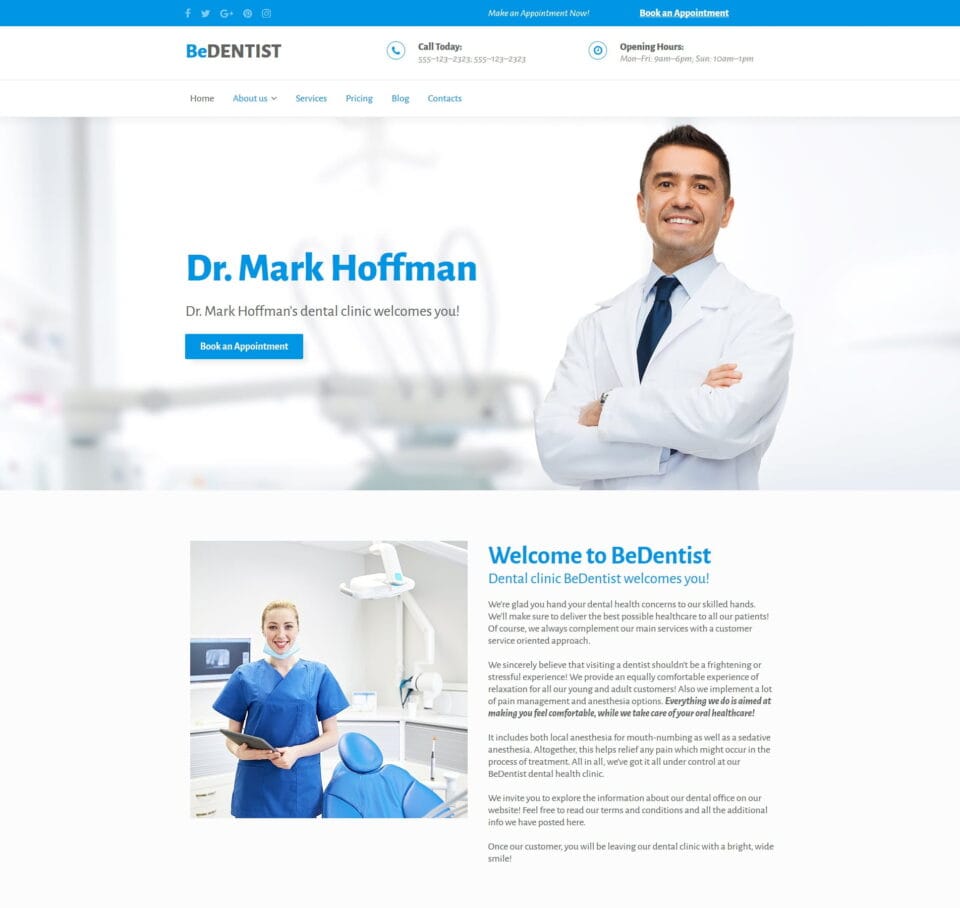 Dental hospital template for specialist services, dental procedures, and healthcare