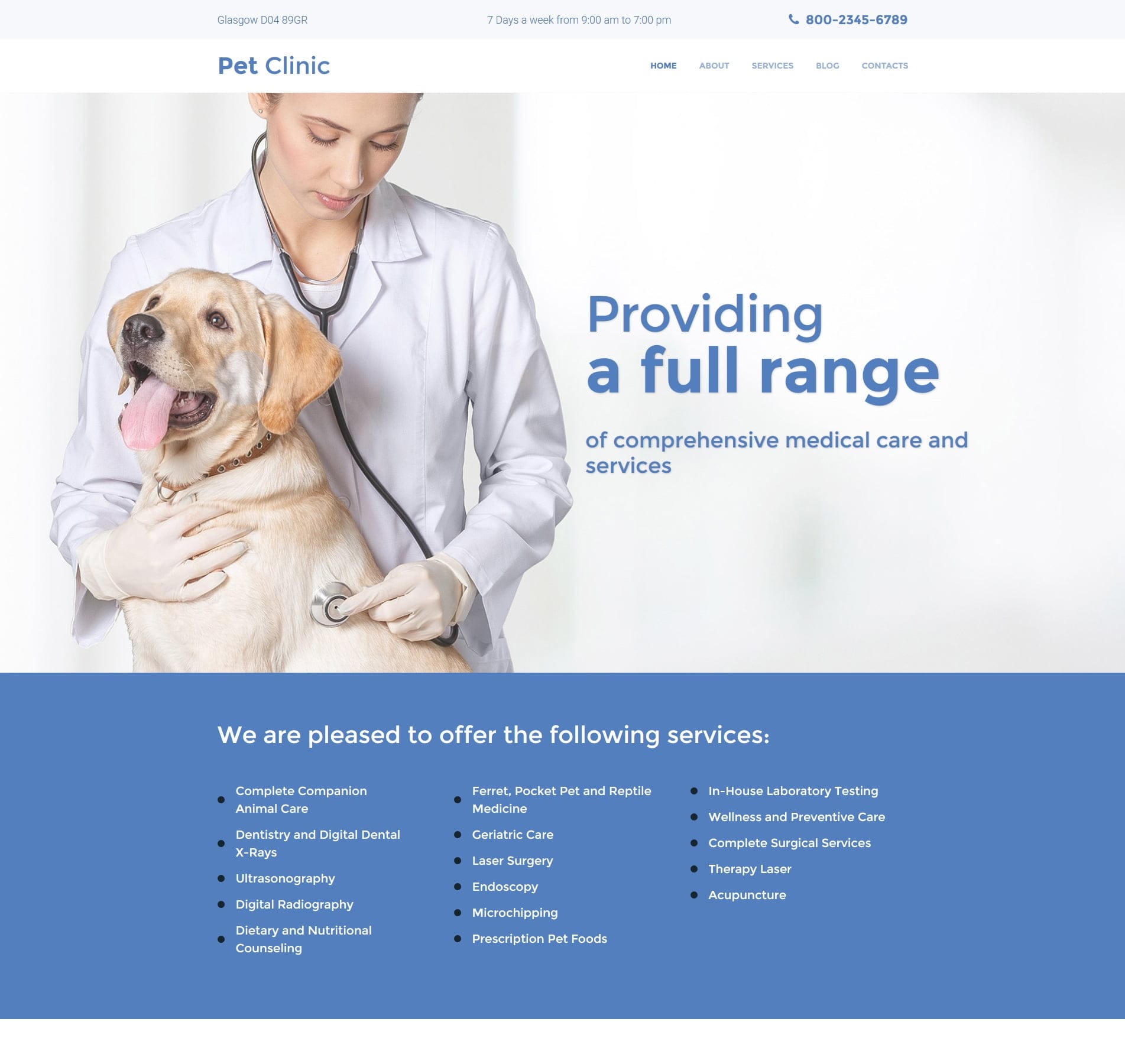 Pet clinic template for veterinary services, appointments, and animal healthcare