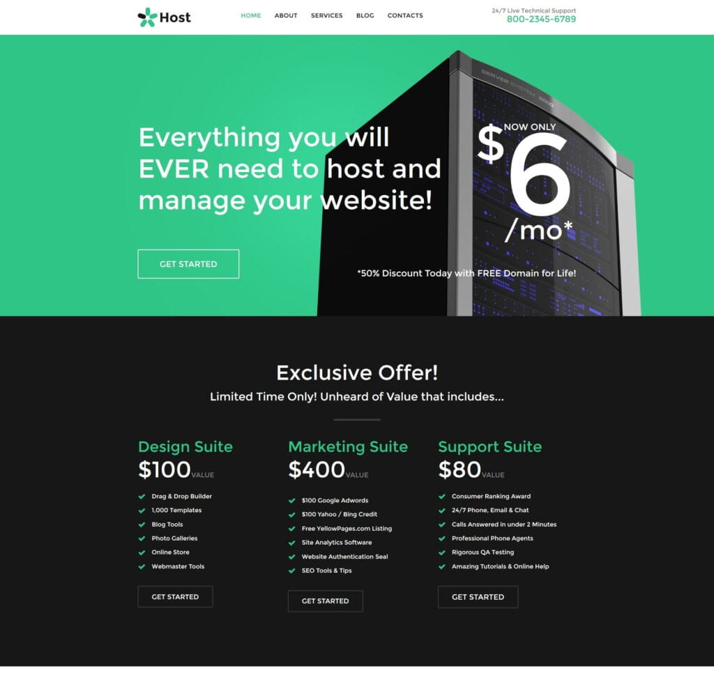 Web hosting website template for domains, hosting plans, and cloud services