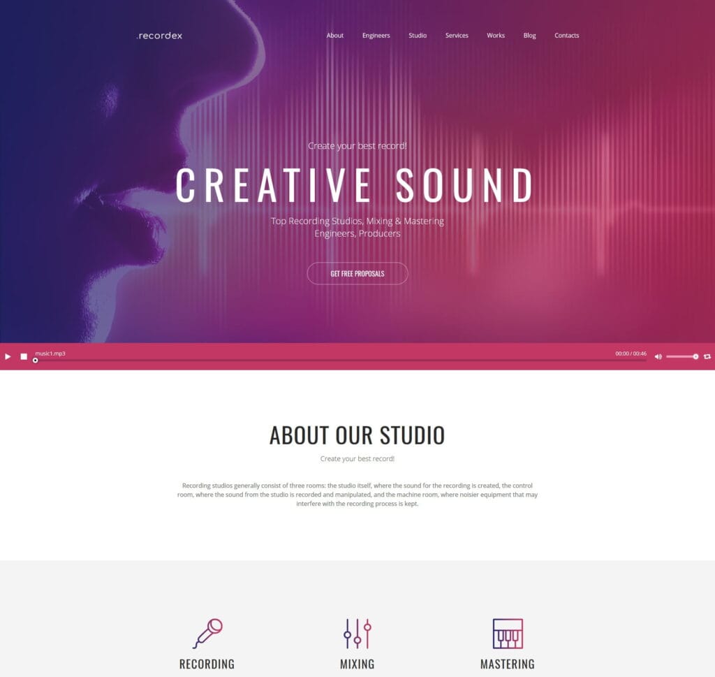 Recording studio template for music production, audio services, and studio bookings