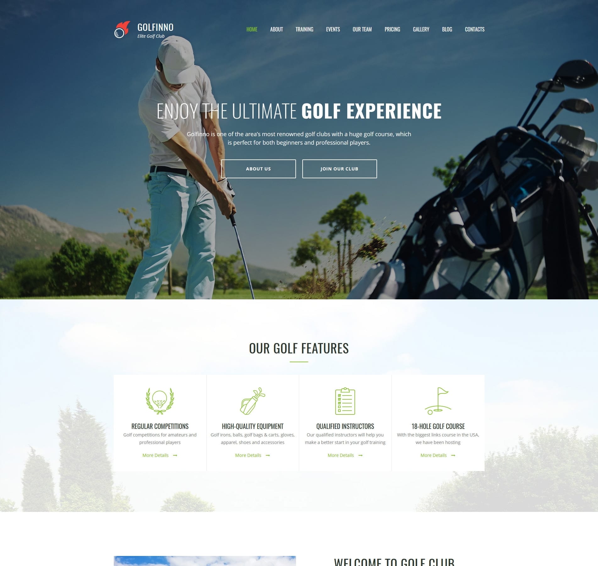 Golf club template for memberships, tee times, and course information