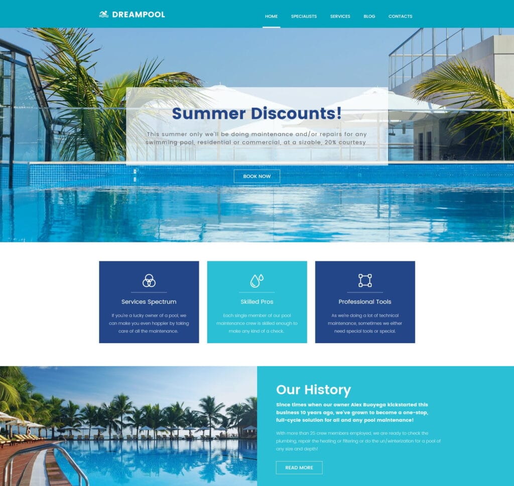 Swimming pool website template for community pools, services, and memberships