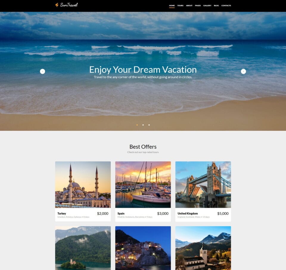 Tourism website template for travel information, tour listings, and holiday packages