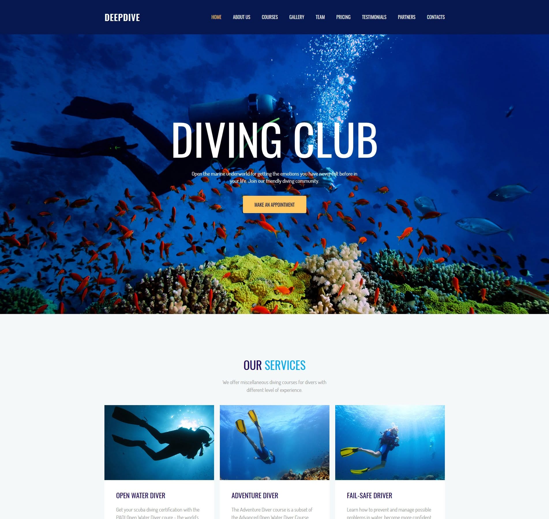 Scuba diving template for dive tours, equipment rentals, and underwater exploration