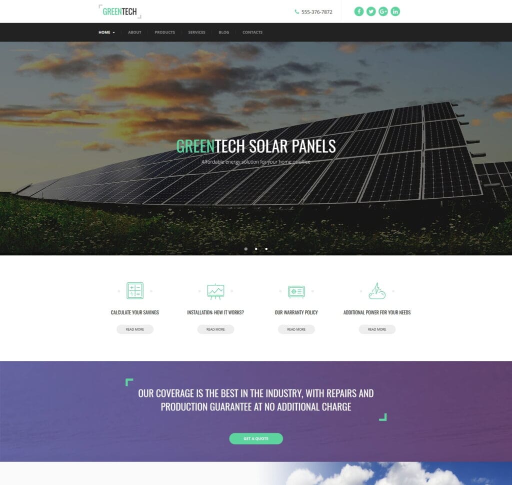 Solar website template for solar energy, installation, and renewable solutions