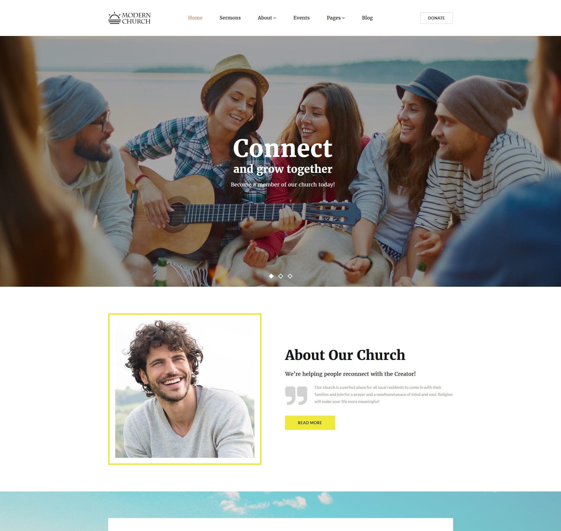 Modern church template for worship, events, and community resources