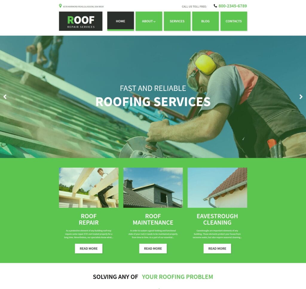 Roofing website template for roofing contractors, repairs, and construction services