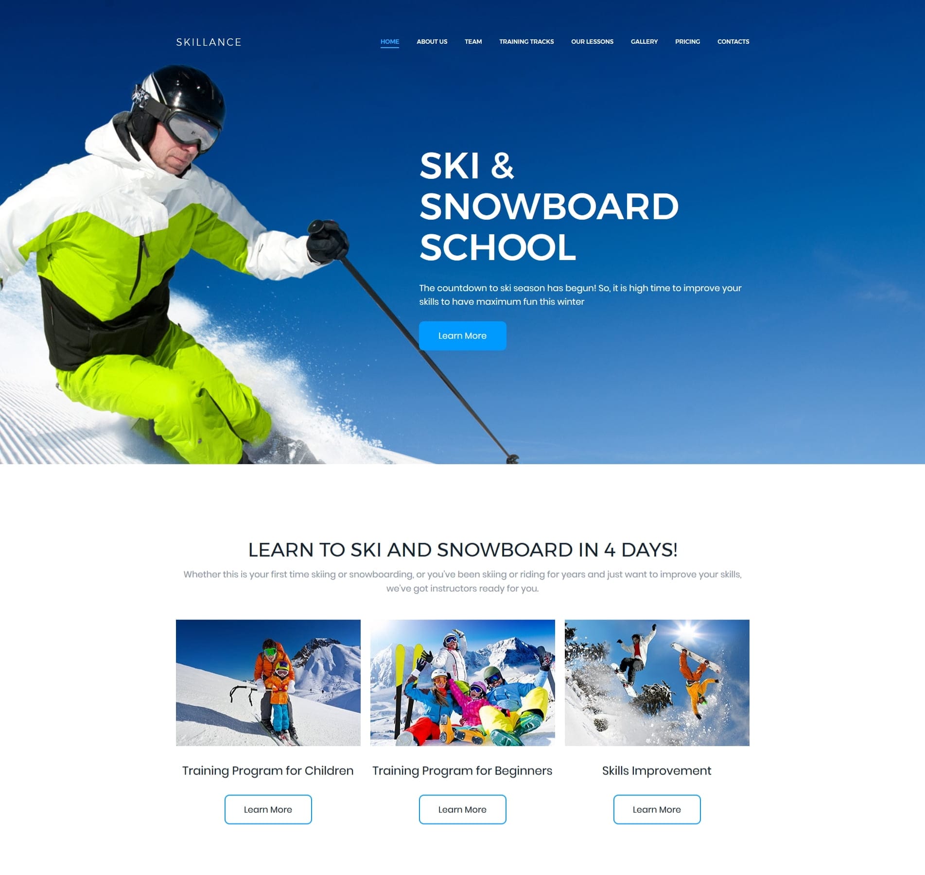 Ski website template for resorts, events, and winter sports activities