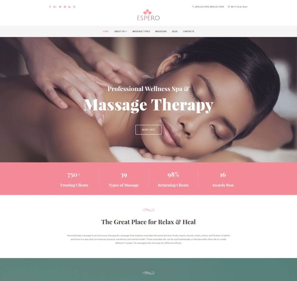 Spa template for wellness services, treatments, booking options, and relaxation services