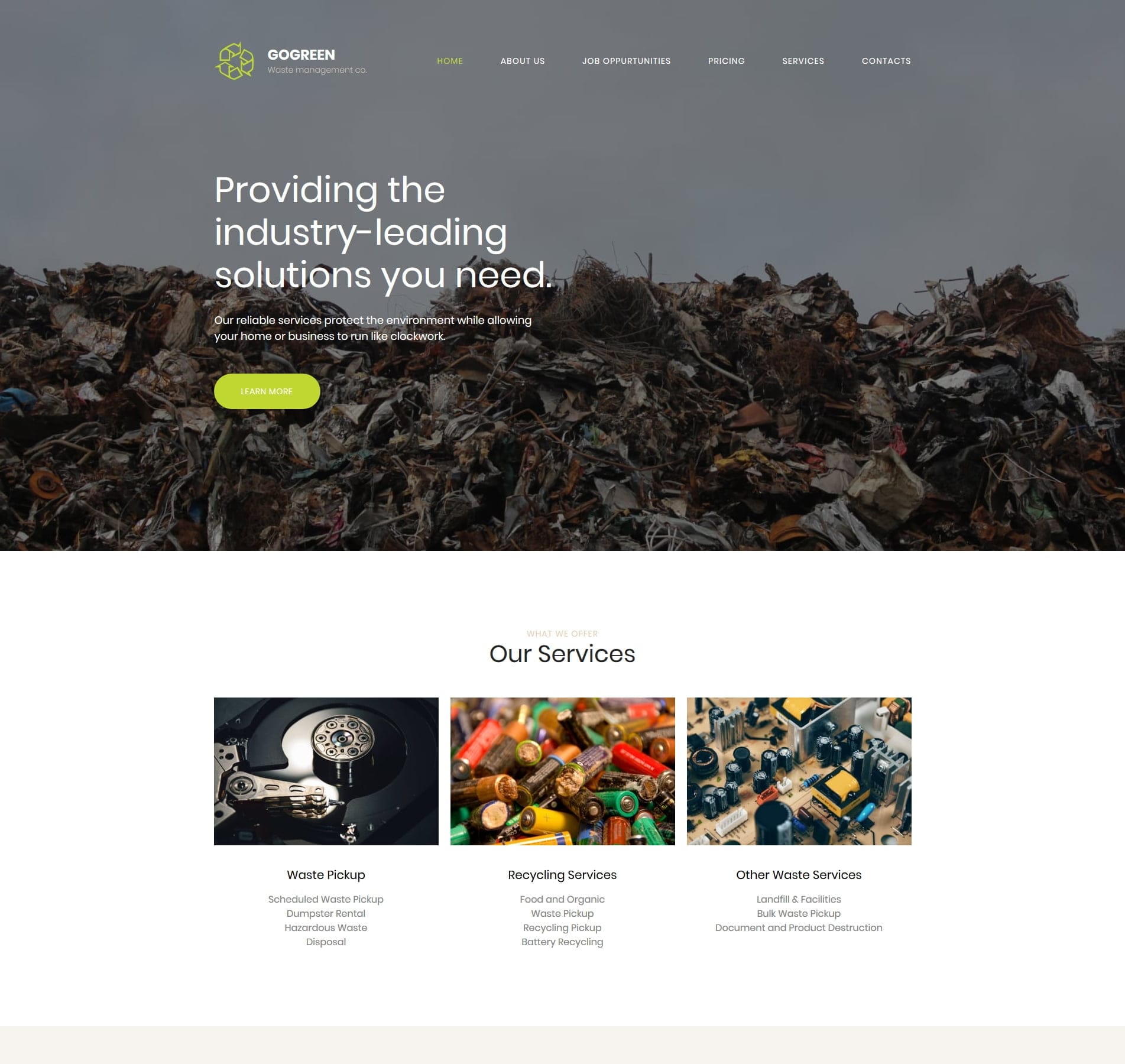 Waste management template for recycling, waste disposal, and environmental services