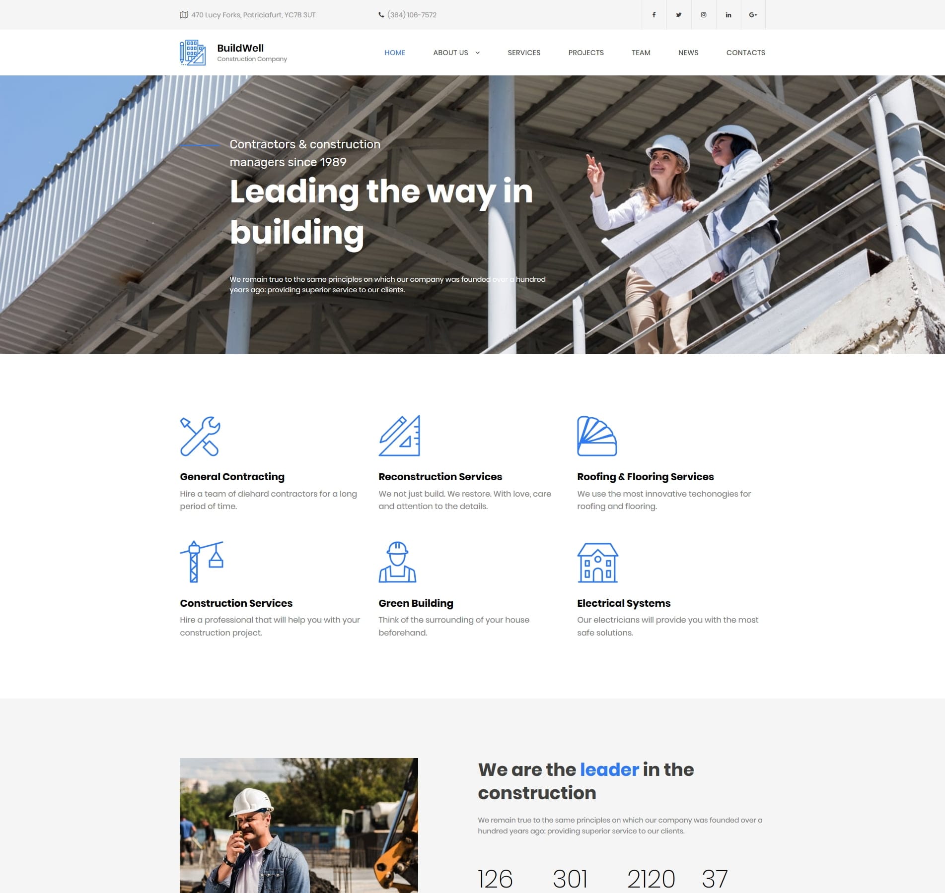 Construction company website template for builders, contractors, and projects