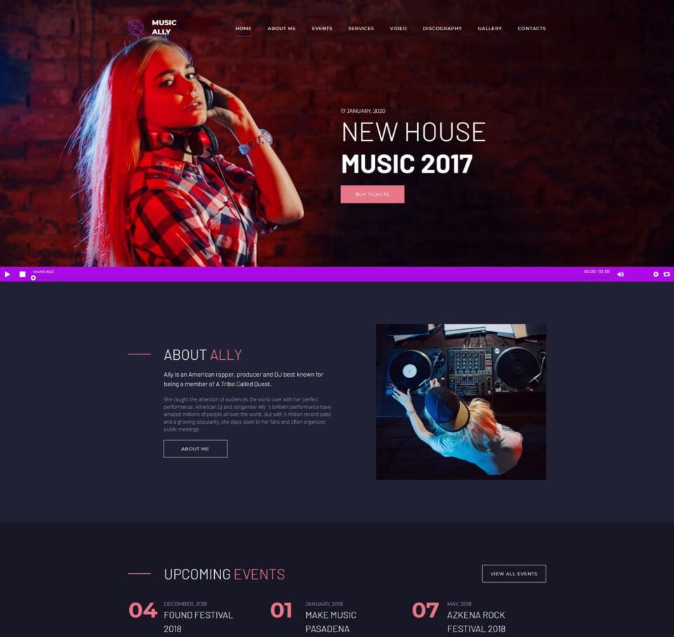 DJ website template for profiles, music events, and booking services