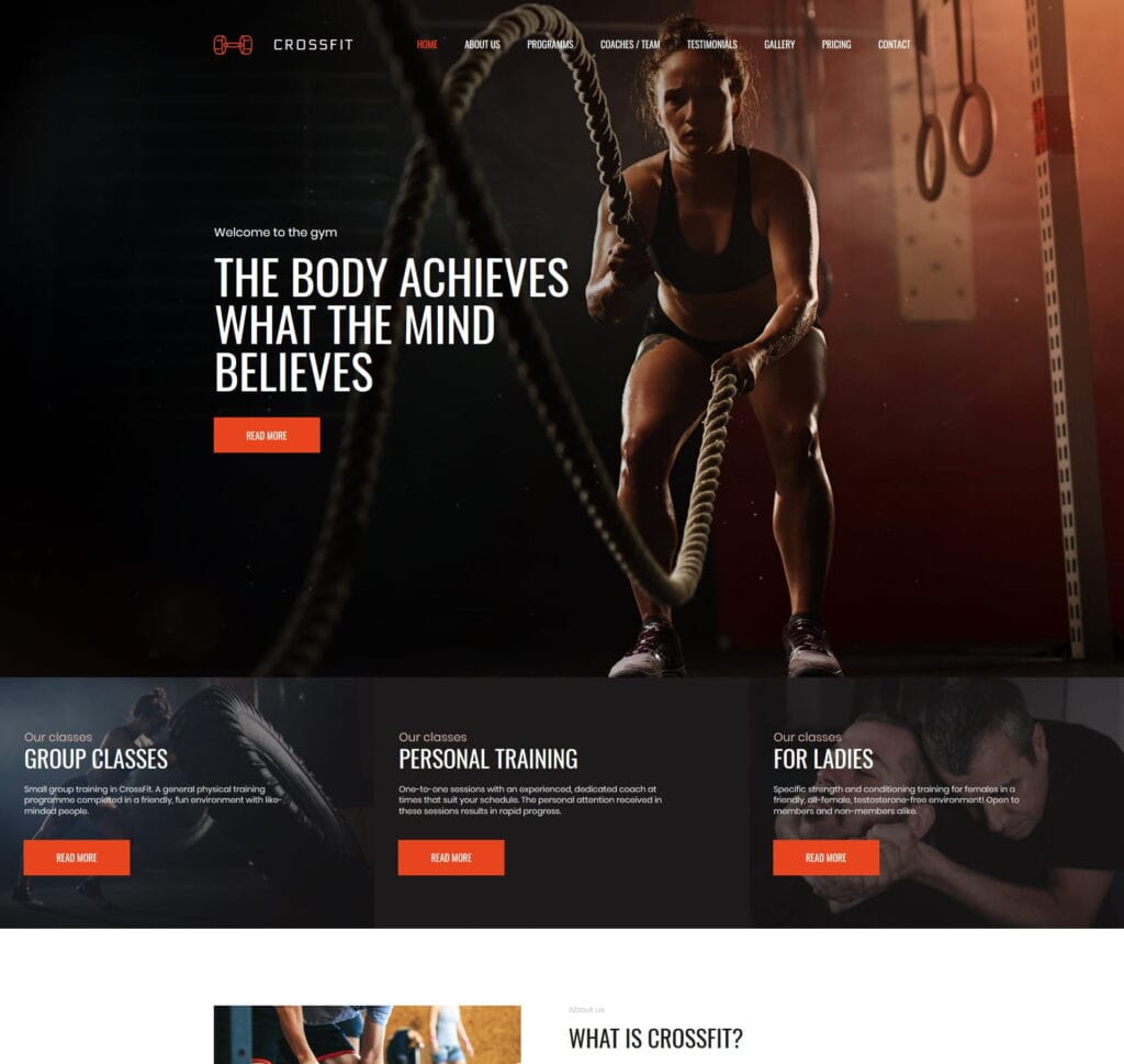 Crossfit website template for gyms, fitness training, and workout programs