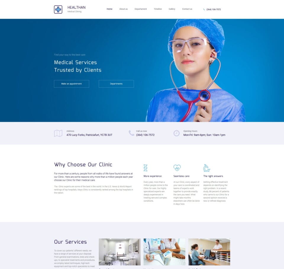 Clinic website template for healthcare providers, medical services, and appointments