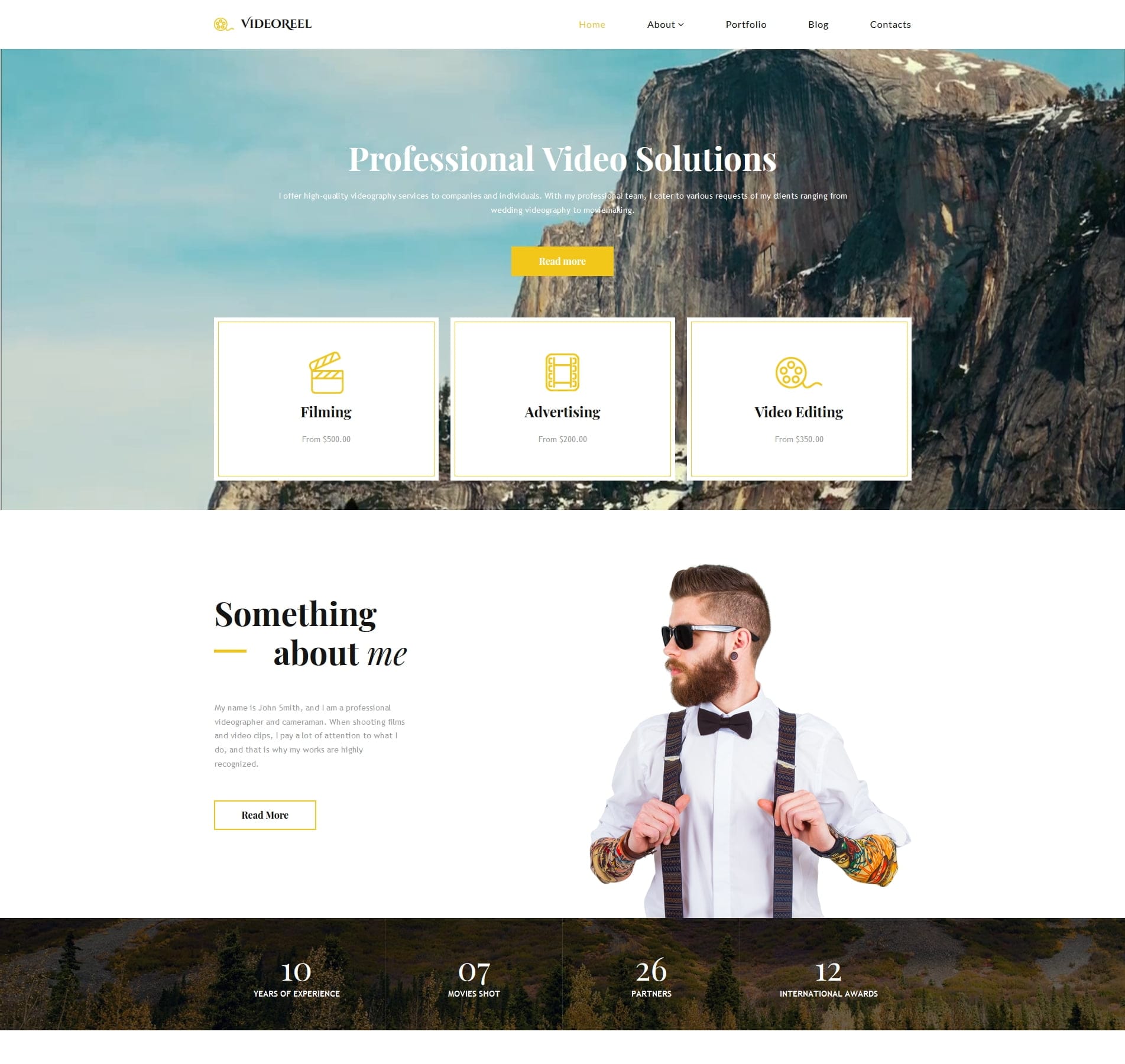 Videography website template for video portfolios, service offerings, and event bookings