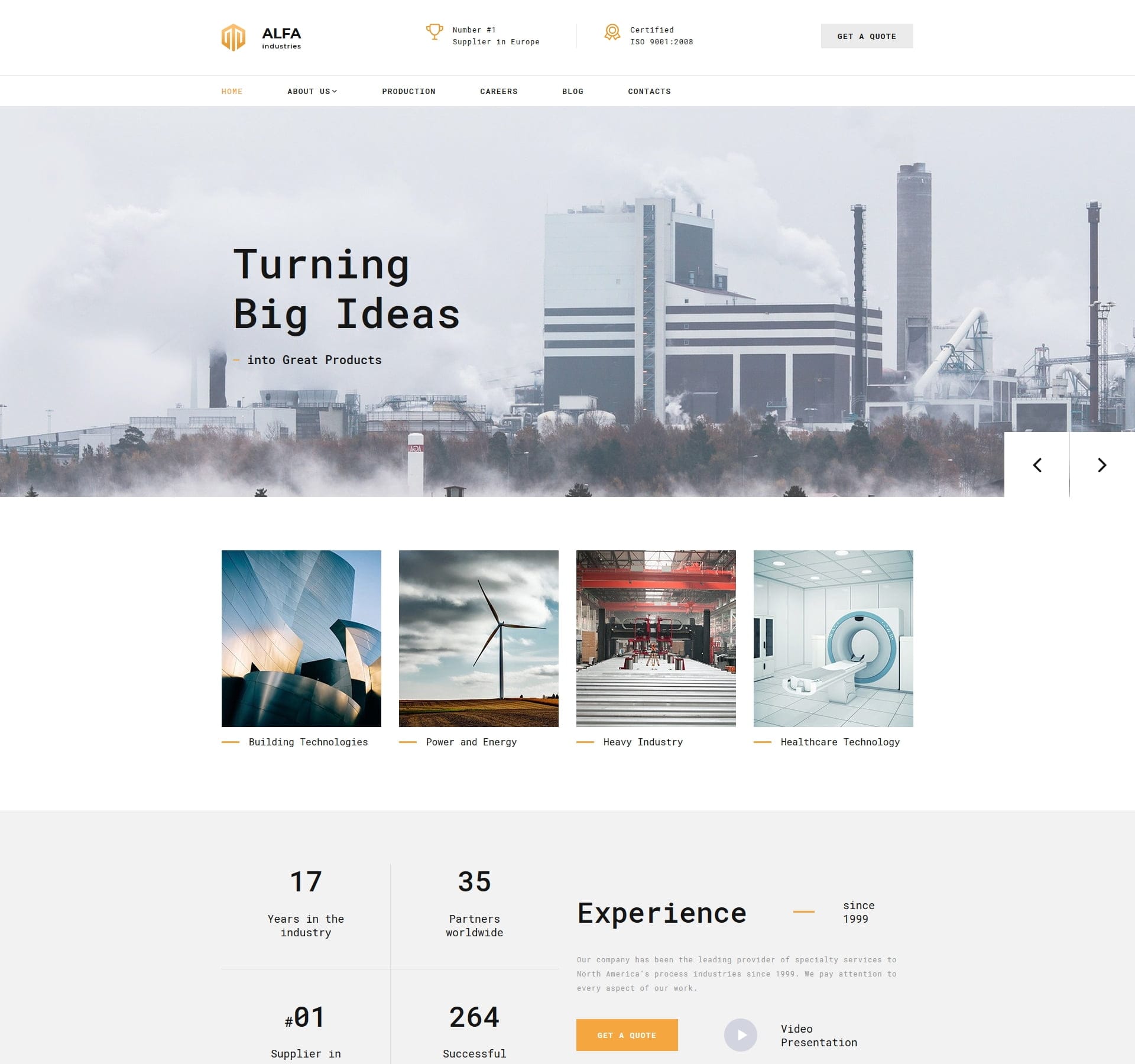 Manufacturing website template for factories, production, and industrial services
