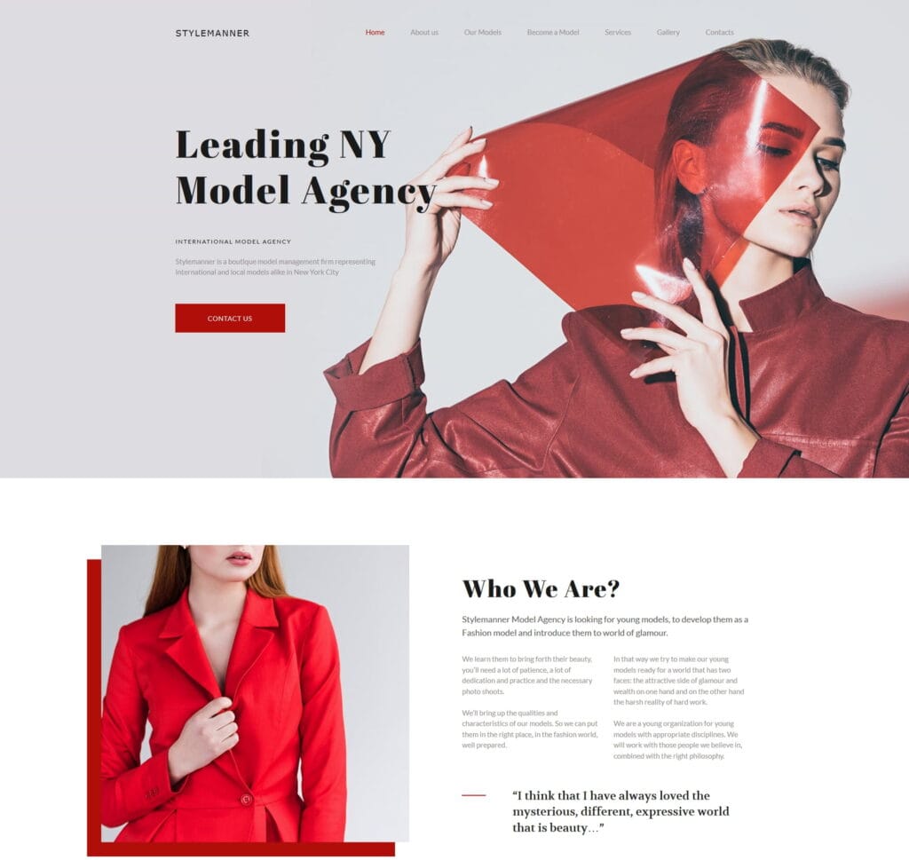 Model agency template for talent representation, casting, and portfolios