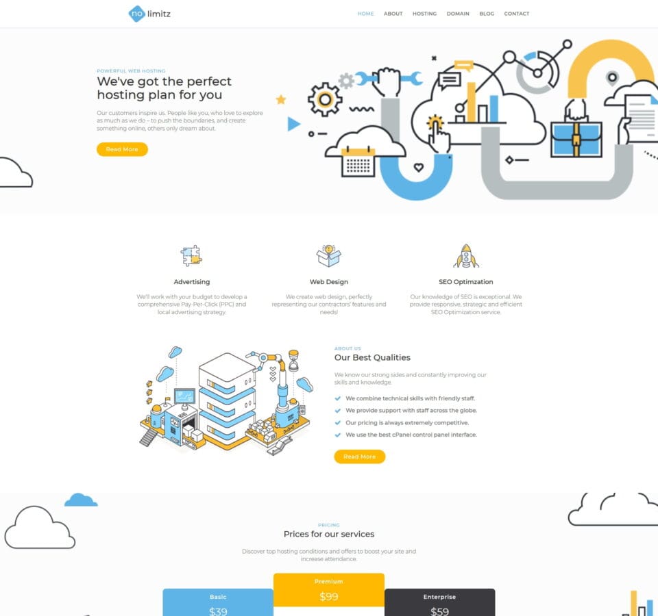 Hosting website template for web hosting, domain registration, and online services