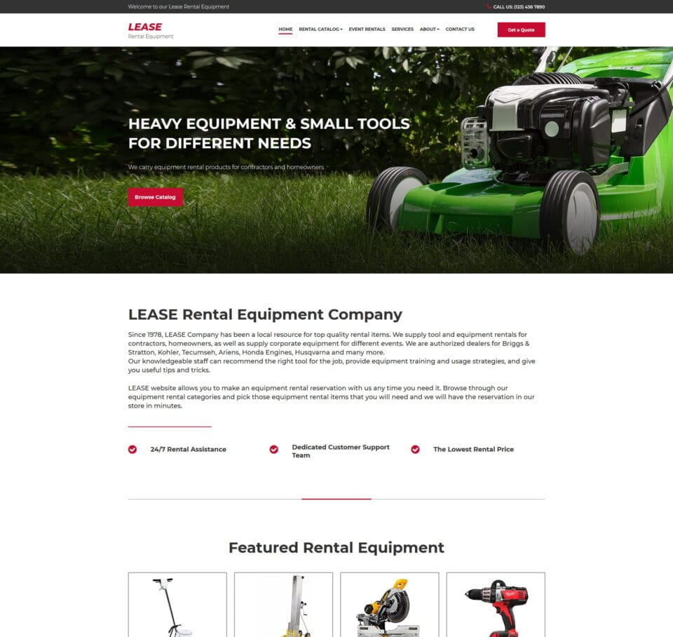 Equipment rental website template for tools, machinery, and rental services