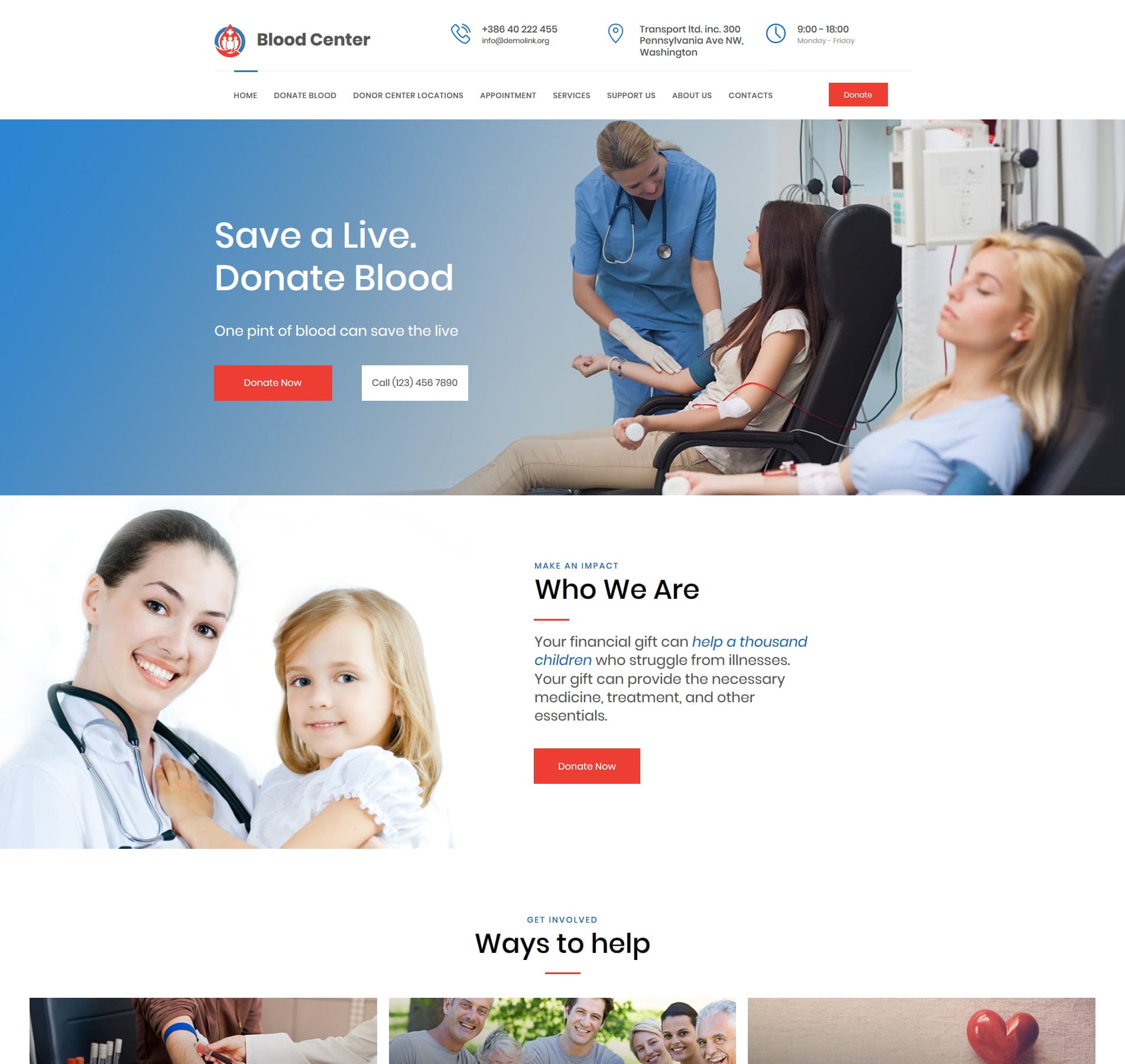 Blood donation website template for campaigns, information, and volunteer sign-ups
