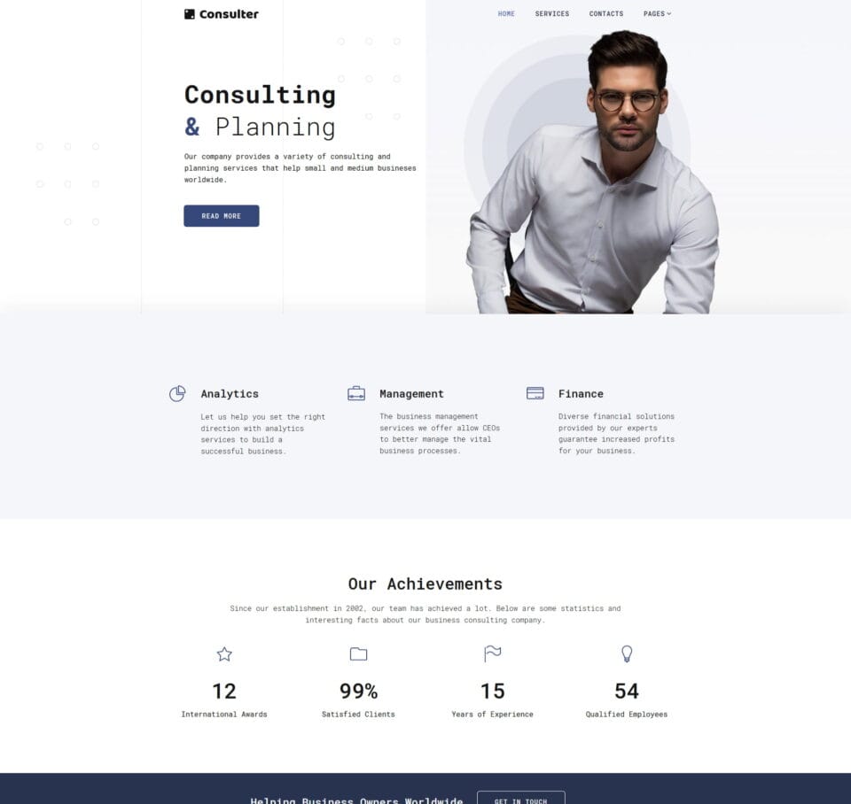 Consultancy website template for business advisors, consultants, and professional services