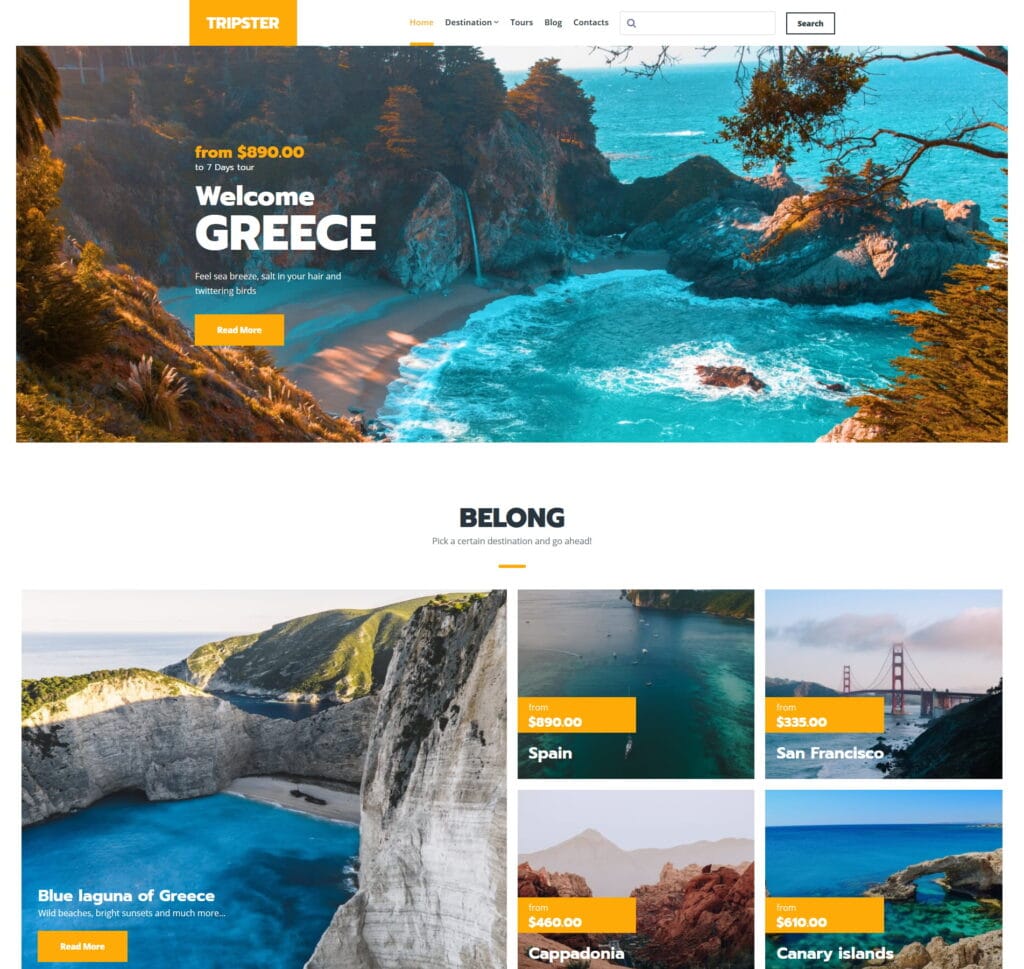 Tourism website template for destinations, attractions, and travel planning services