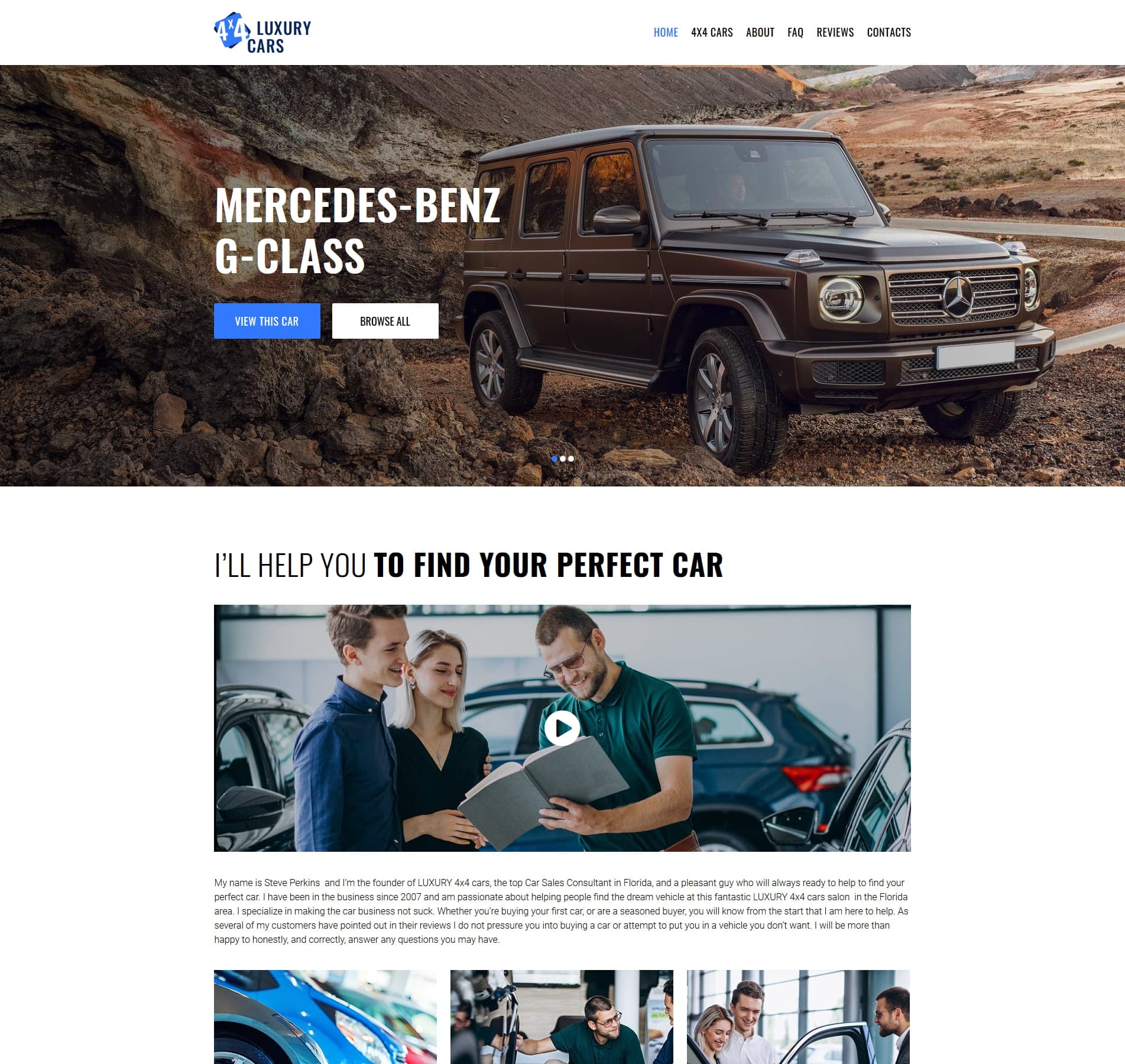 Car salesman website template for individual sales, listings, and auto promotions